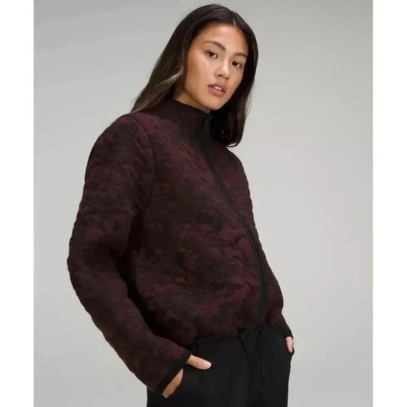 Lululemon Jacquard Multi Texture Sweater Jacket Size 10 Burgundy Red Black Boxy - Picture 1 of 10